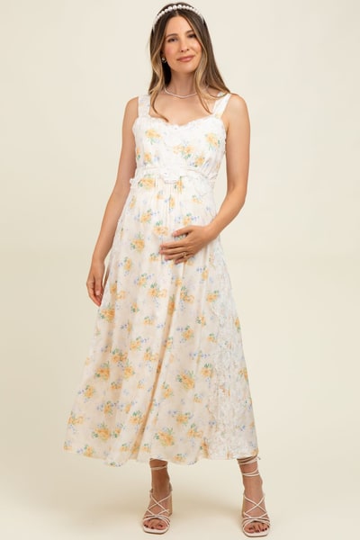 PinkBlush Yellow Floral Lace Overlay Maternity Maxi Dress