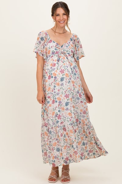 PinkBlush Ivory Floral Short Sleeve Maternity Maxi Dress