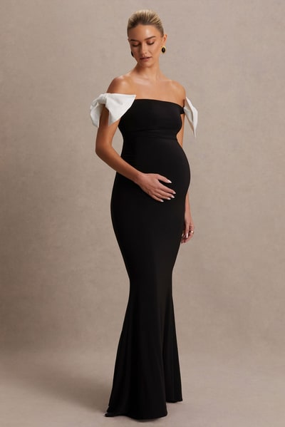Club L London Didi | Black & White Bardot Bow Detail Maternity Maxi Dress