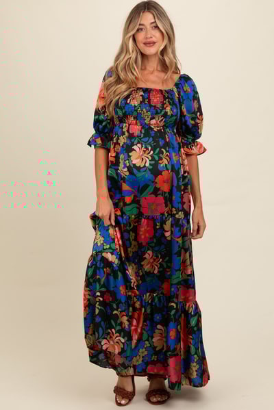 PinkBlush Black Floral Satin Smocked Tiered Maternity Maxi Dress