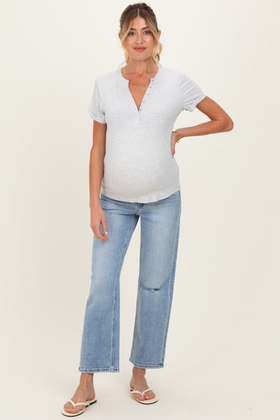 PinkBlush Light Blue Distressed Open Knee Ankle Straight Leg Maternity Jeans