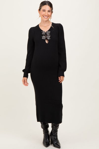 PinkBlush Black Ribbed Bow Detail Maternity Midi Sweater Dress