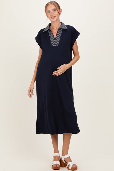 PinkBlush Navy Striped Collared Side Slit Maternity Midi Dress