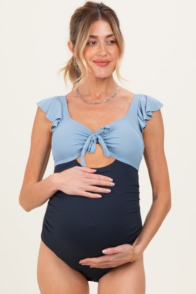 PinkBlush Blue Two Tone Ribbed Front Tie Cutout Ruched Maternity Swimsuit