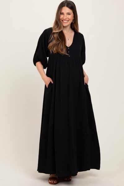 PinkBlush Black Solid Woven Elbow Sleeve V-Neck Button Down Maternity Maxi Dress