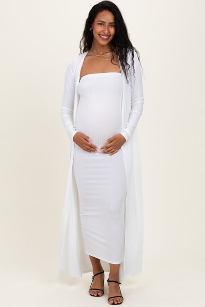 PinkBlush Ivory Ribbed Sleeveless Dress Cardigan Maternity Set