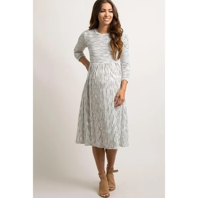 Target PinkBlush Ivory Ribbed Striped Maternity Midi Dress Ivory Medium