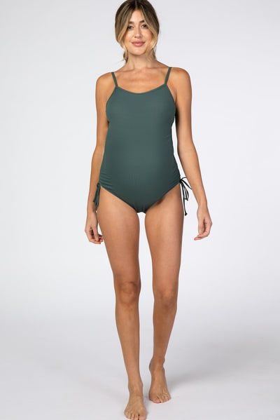PinkBlush Green Ribbed Side Tie One-Piece Maternity Swimsuit