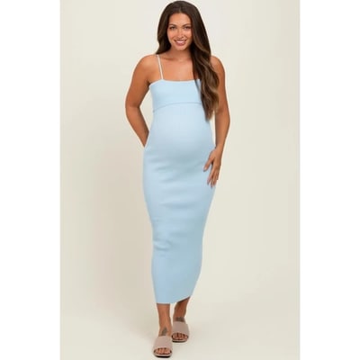 Target Pinkblush Light Blue Rib Knit Off Shoulder Fitted Maternity Midi Dress Large