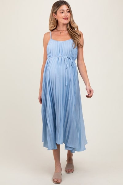 PinkBlush Light Blue Pleated Sash Tie Maternity Midi Dress