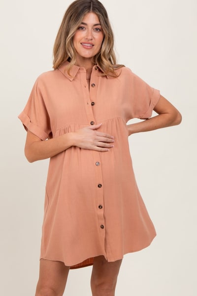 PinkBlush Peach Dolman Sleeve Linen Maternity Shirt Dress