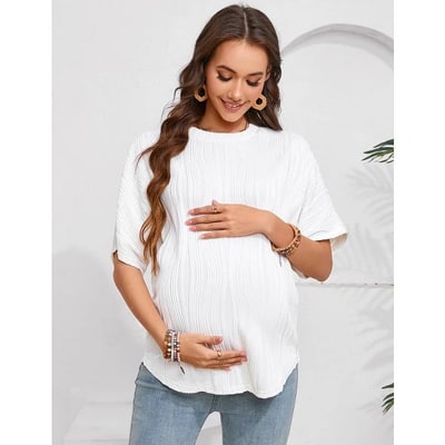 Target Women's Maternity Summer Shirts Casual Loose Fit Rib Short Sleeve Top Round Neck Long T-Shirt Blouses Apricot Small