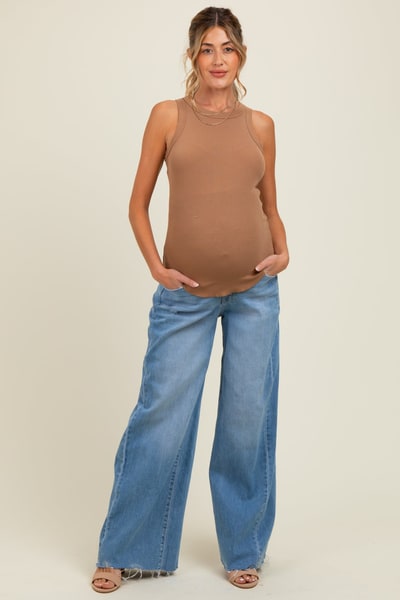 PinkBlush Blue Distressed Hem Super Wide Leg Maternity Jeans