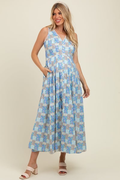 PinkBlush Light Blue Multi Cotton Patchwork Print Button Down Maternity Maxi