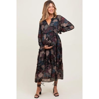 Target Pinkblush Black Floral Chiffon Ruffle Tiered Maternity Midi Dress Large