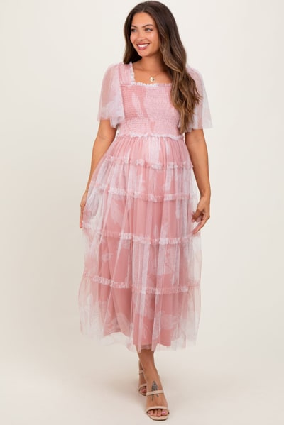 PinkBlush Pink Smocked Top Mesh Ruffled Maternity Midi Dress