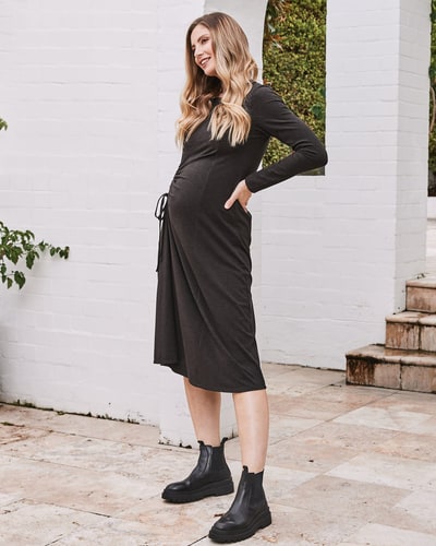 Angel Maternity Eloise Maternity Waffle Knit Dress in Charcoal