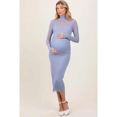 Target PinkBlush Light Blue Mesh Overlay Fitted Maternity Midi Dress Light Blue Small