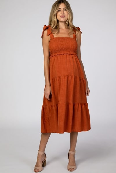 PinkBlush Rust Bow Strap Tiered Maternity Midi Dress