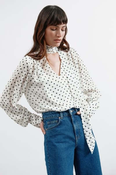 For The Creators Cream Spot Long Sleeve Tie Top