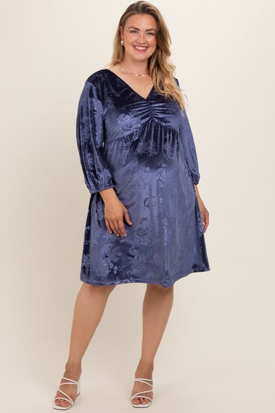 PinkBlush Navy Velvet Floral Ruched Neck Plus Maternity Dress