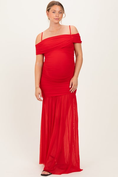 PinkBlush Red Ruched Mesh Off Shoulder Maternity Maxi Dress