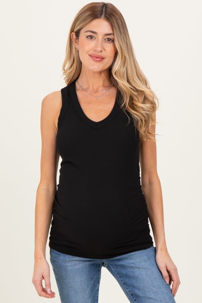 PinkBlush Black Ribbed Sleeveless Ruched Maternity Tank Top