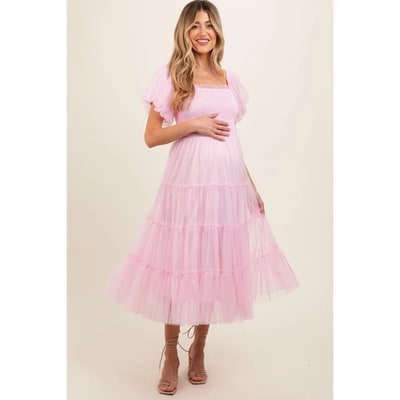 Target Pinkblush Light Pink Smocked Tiered Tulle Maternity Midi Dress Small