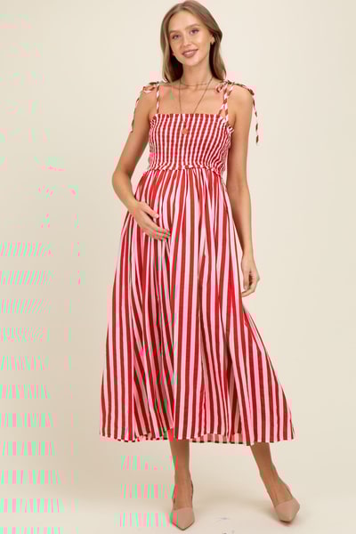 PinkBlush Red Striped Smocked Shoulder Tie Maternity Midi Dress