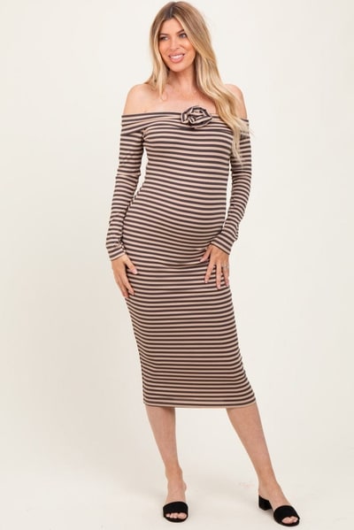 PinkBlush Taupe Striped Off Shoulder Rosette Maternity Midi Dress