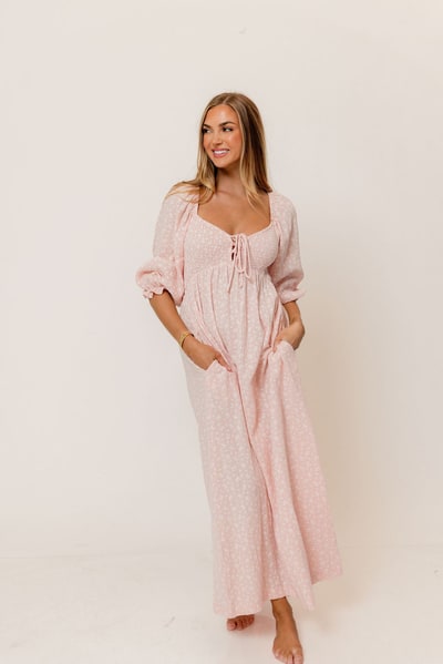 Worth Collective Cecilia 100% Cotton Smocked Maxi Dress in Pale Pink Foliage - Bump Friendly