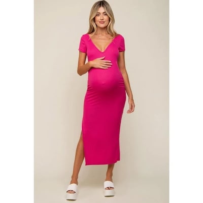 Target Pinkblush Fuchsia Basic Ribbed Side Slit Maternity Midi Dress Medium