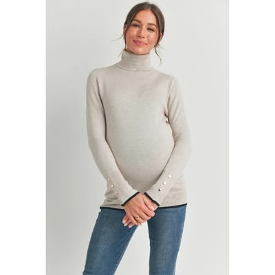 Target Hello Miz Women's Long Sleeve Mock Neck Button Cuff Maternity Top - Camel - Medium