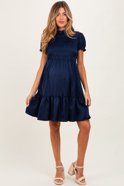 PinkBlush Navy Satin Smocked Mock Neck Maternity Dress