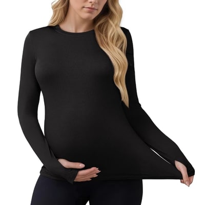 Target INSPIRE CHIC Women's Maternity Workout Tops Stretchy Fitted Crew Neck Long Sleeve Thumbholes Pregnancy Yoga Basic Undershirts Medium Black