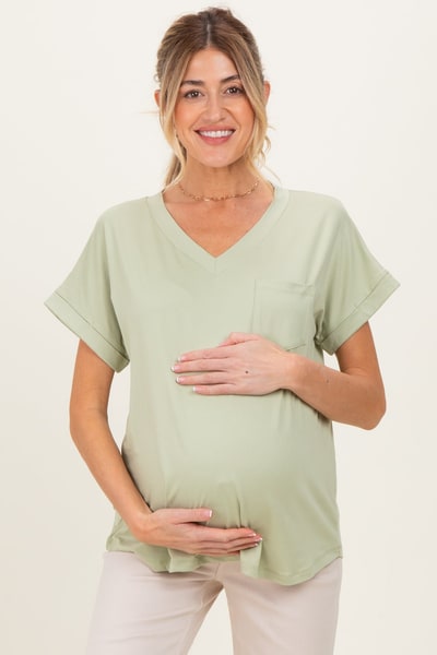 PinkBlush Mint V-Neck Pocket Short Sleeve Maternity Shirt