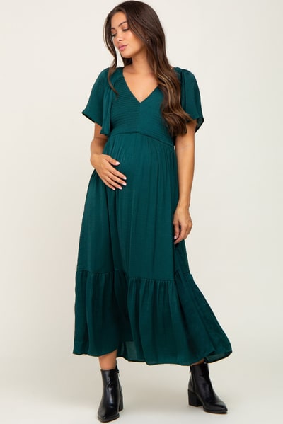 PinkBlush Emerald Satin Smocked Maternity Midi Dress
