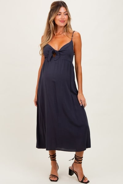 PinkBlush Navy Front Tie Sleeveless Maternity Midi Dress
