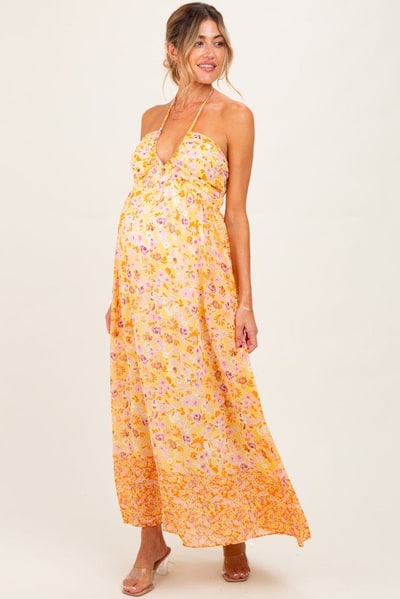 PinkBlush Orange Combo Flower Border Print Ruching Detail Maternity Maxi Dress