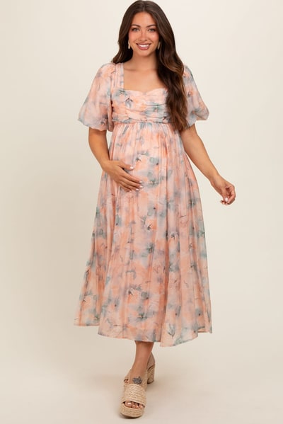 PinkBlush Peach Floral Square Neck Short Puff Sleeve Lace-Up Back Maternity Midi Dress