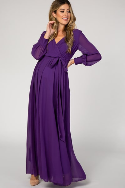 PinkBlush Purple Chiffon Long Sleeve Pleated Maternity Maxi Dress