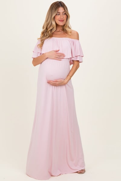 PinkBlush Light Pink Ruffle Off Shoulder Maternity Maxi Dress