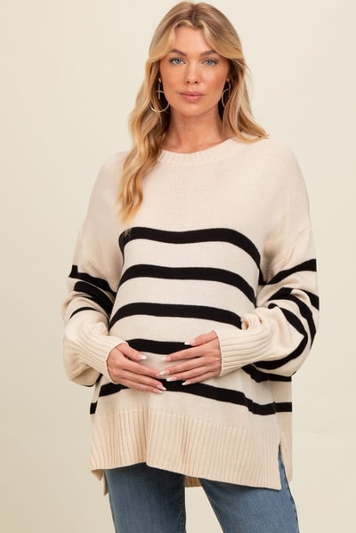 PinkBlush Beige Striped Oversized Side Slit Maternity Sweater