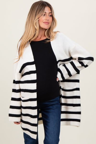 PinkBlush Ivory Black Knit Striped Long Maternity Cardigan