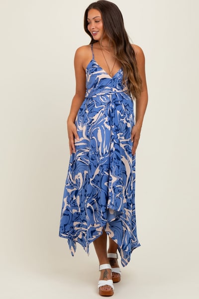 PinkBlush Blue Printed Crisscross Back Maternity Handkerchief Dress
