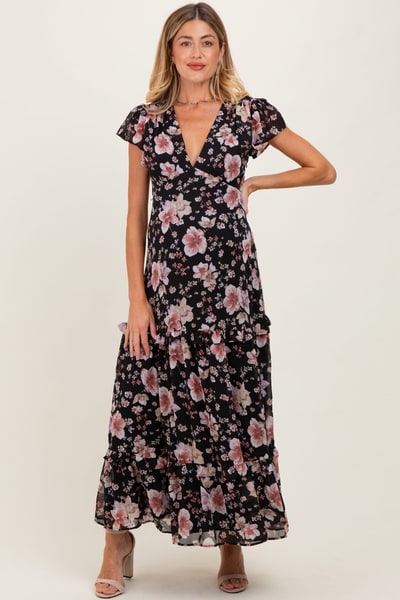 PinkBlush Black Floral V-Neck Side Silt Maternity Maxi Dress