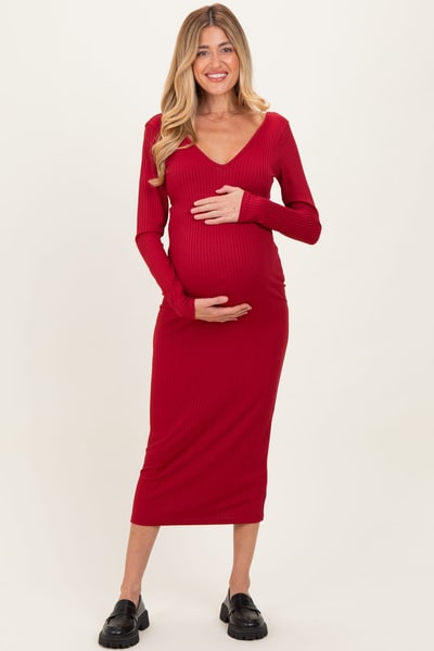 PinkBlush Dark Red V-Neck Long Sleeve Fitted Maternity Maxi Dress