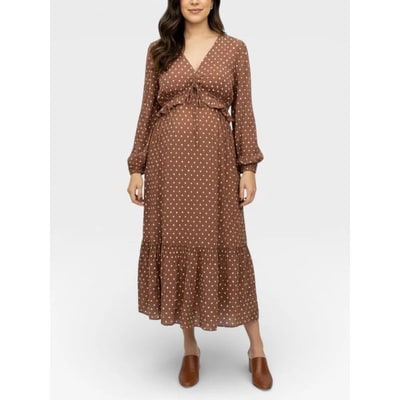 Target Women's V-Neck Long Sleeve Ruffle Midi Maternity Dress - Mocha Mousse & Vanilla Dot - Size: X Large - Motherhood Maternity