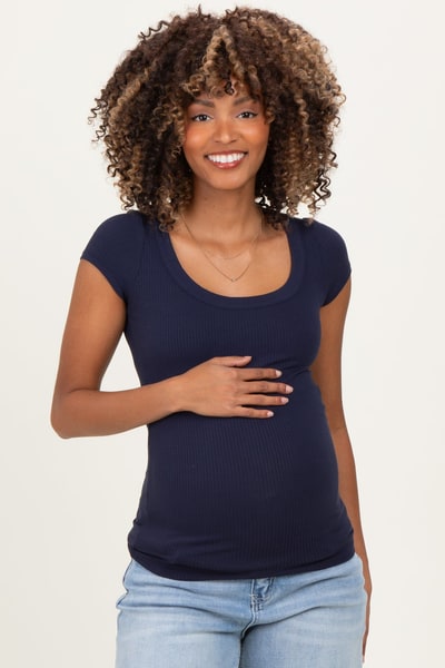 PinkBlush Navy Ribbed Rounded Square Neck Maternity Top