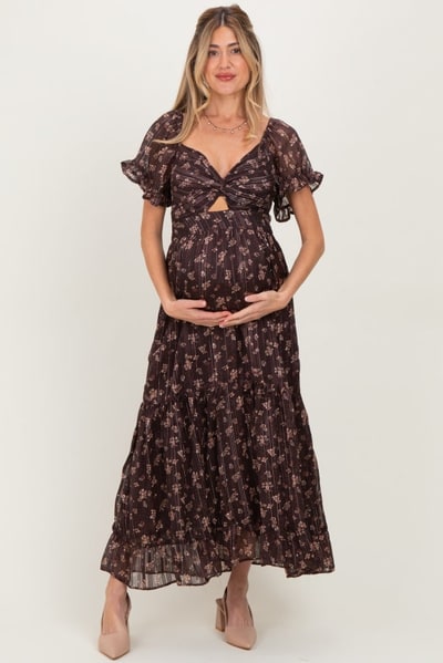 PinkBlush Brown Floral Stripe Twist Front Cutout Maternity Maxi Dress
